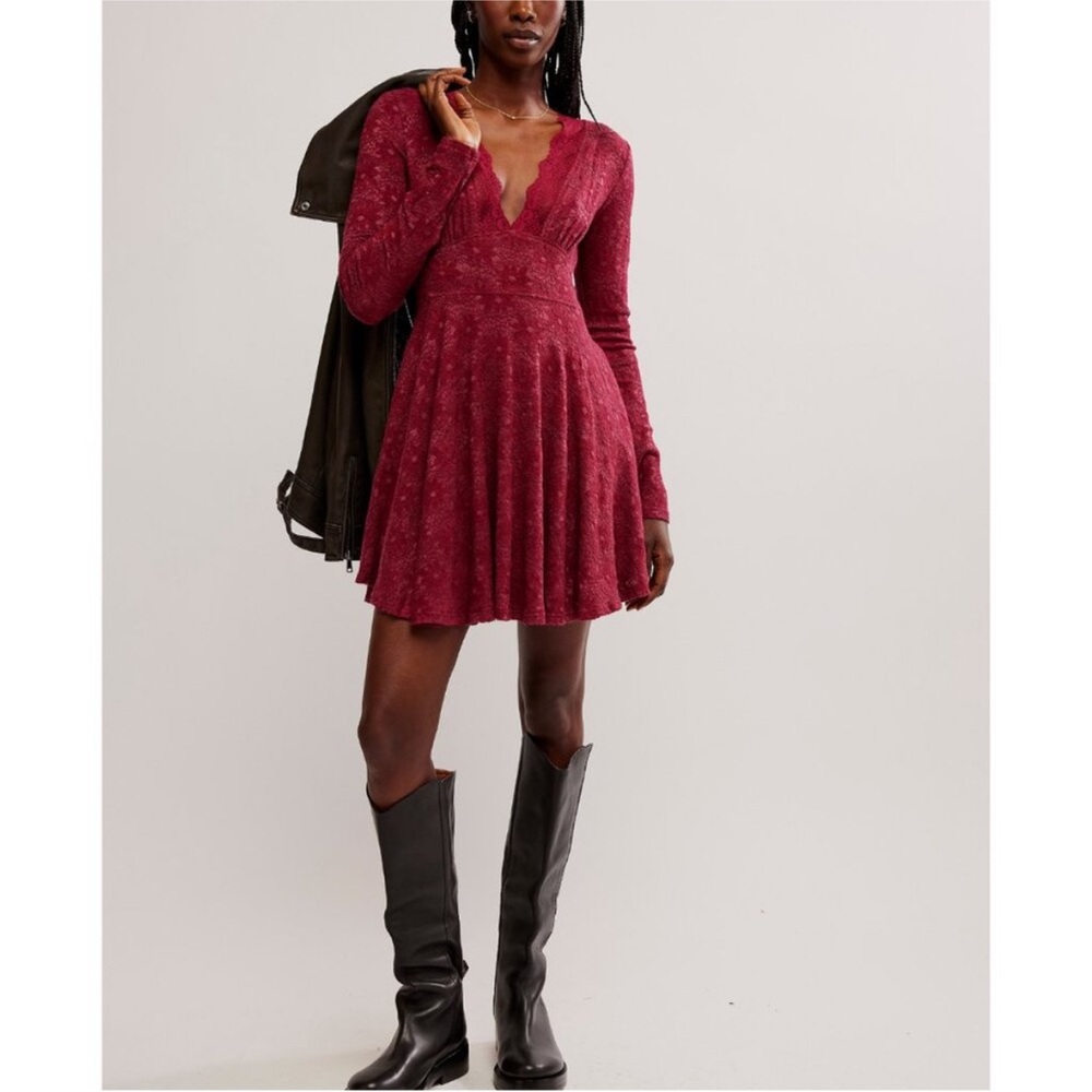 NWT FREE PEOPLE Dress Large Red Burgundy All Yours Mini Lace Long Sleeve